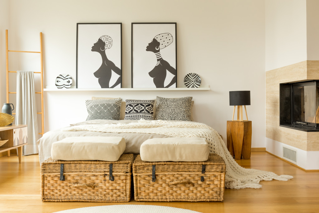 bedroom interior with wicker boxes
